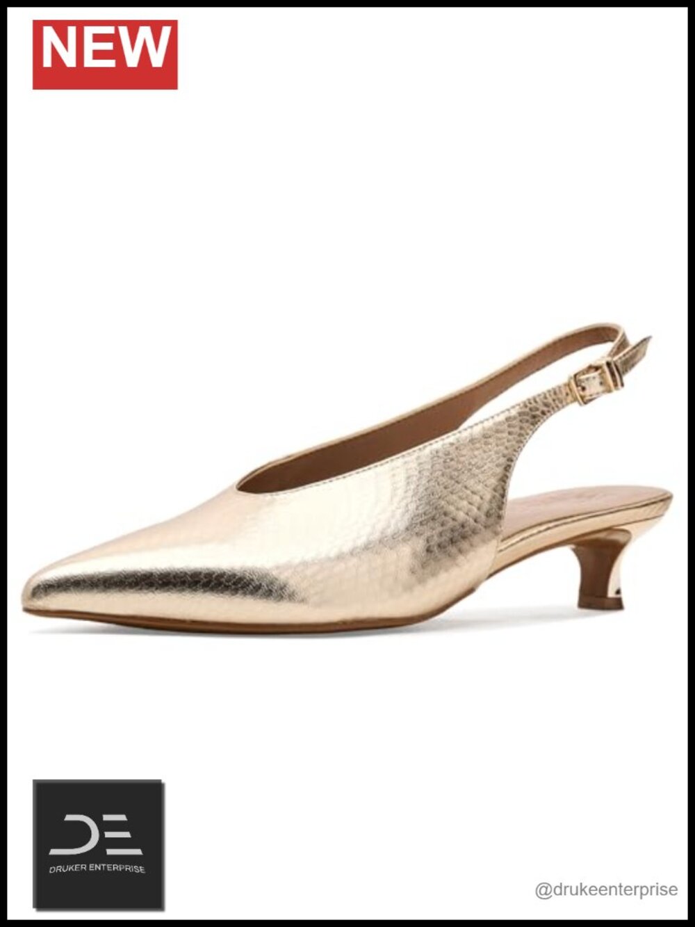 Leather Kitten Heel Slingback Pumps Pointed Toe Adjustable Buckle
